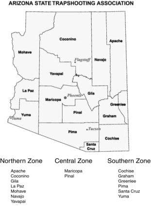 Arizona ASTA state zones map showing Northern, Central, and Southern zones